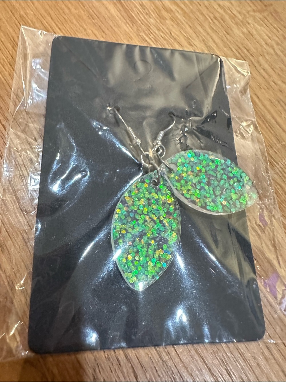 Green Glitter Leaf Drop Earrings - Unbranded